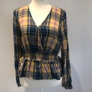 Express Plaid Peplum Faux Wrap Long Sleeve Blouse‎ Size Small blue yellow